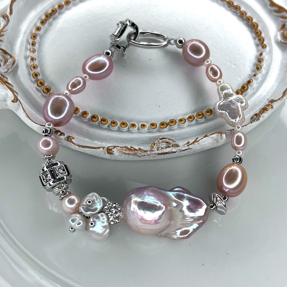 🤩 Handmade Freshwater High Quality Pink Flameball Pearl Bracelet Cross